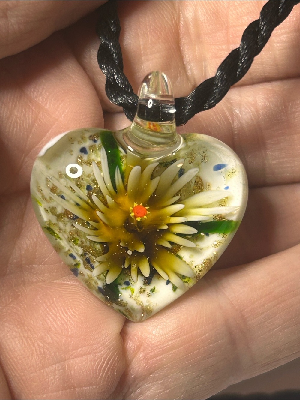 Handmade Heart Glass Pendant Necklace in Green and Yellow